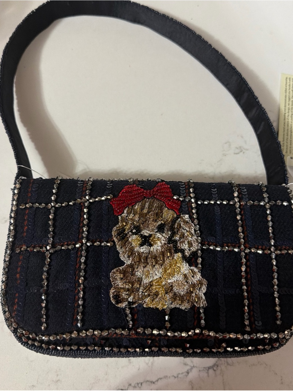 Embroidered Puppy Plaid Shoulder Bag in Black and Red